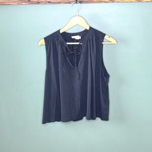 Nation LTD Womens Black Pima Cotton Sleeveless Tie Neck Blouse Top Medium Peru